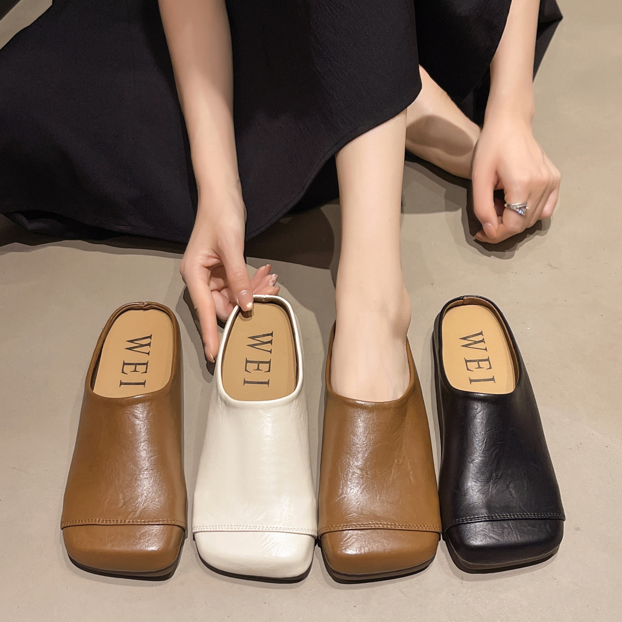 Main product image of Women Minimalist Vintage Crinkle Wrinkled  Square Toe Slides, Slip On Backless Zero Flat Sole Front Stitching Seam Soft Faux Leather Basic