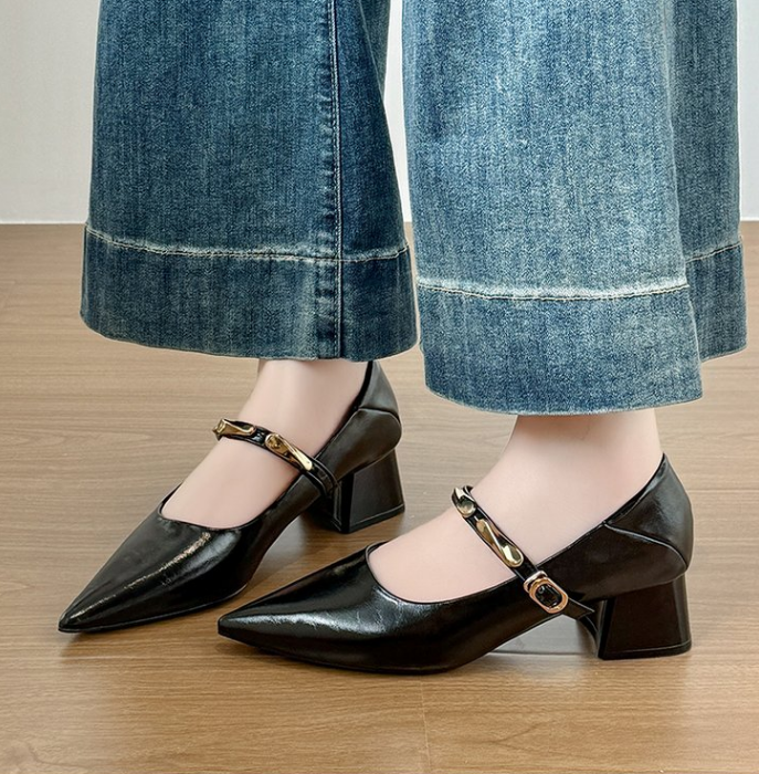 Main product image of French Pointed Toe Block Heel Pumps For Women, Metal Strap Low Cut Mary Janes, Versatile Fashion Shoes For Spring & Autumn