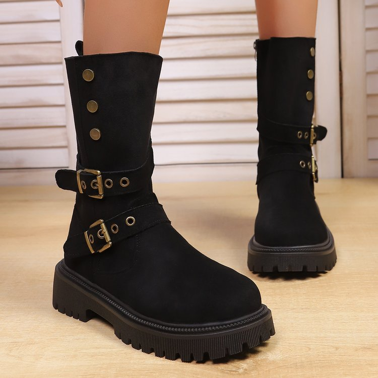 Main product image of Women's Suede Mid-Calf Boots, Double Buckle, Metal Rivet, Platform