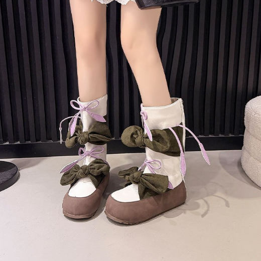 Main product image of Women's Mid-Calf Boots, Bow Tie Strap, Flat Round Toe, Chunky Sole