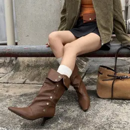 Product image of Leather Mid-Calf Boots with Pointed Toe and Stiletto Heel