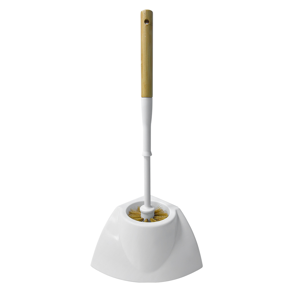 Bamboo Handle Toilet Brush Set-Triangle Base Model-Toilet Brush + Base-PP-White-1 set