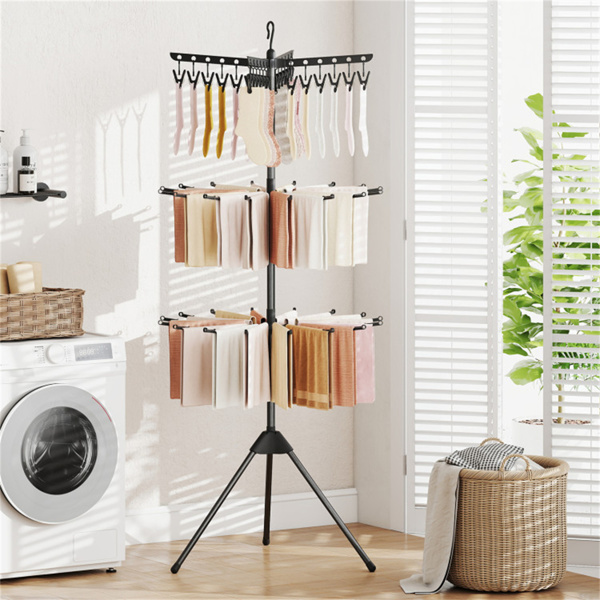 3-Tier Foldable Tripod Clothes Drying Rack With 24 Clips & 32 Rods, 70 Space Saving Laundry Dryer