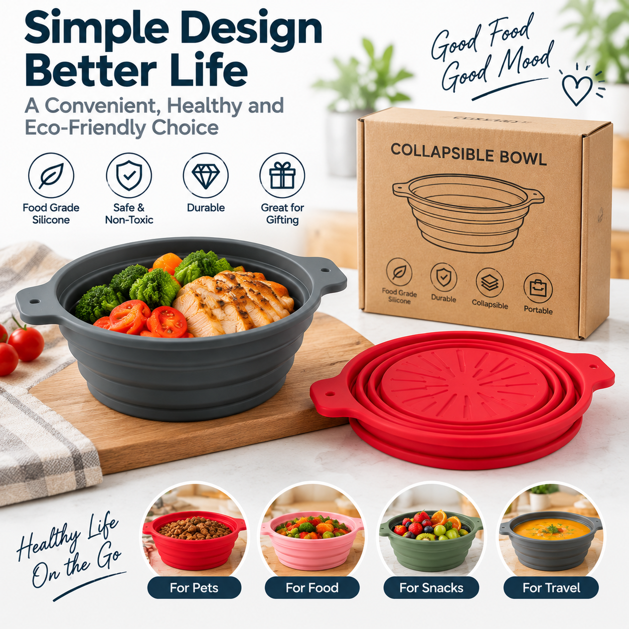 Main product image of Collapsible Silicone Bowl Portable Foldable Food Container Travel Camping Bowl