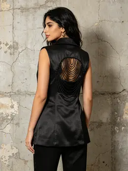 Satin Blazer Vest With Beaded Back Cutout
