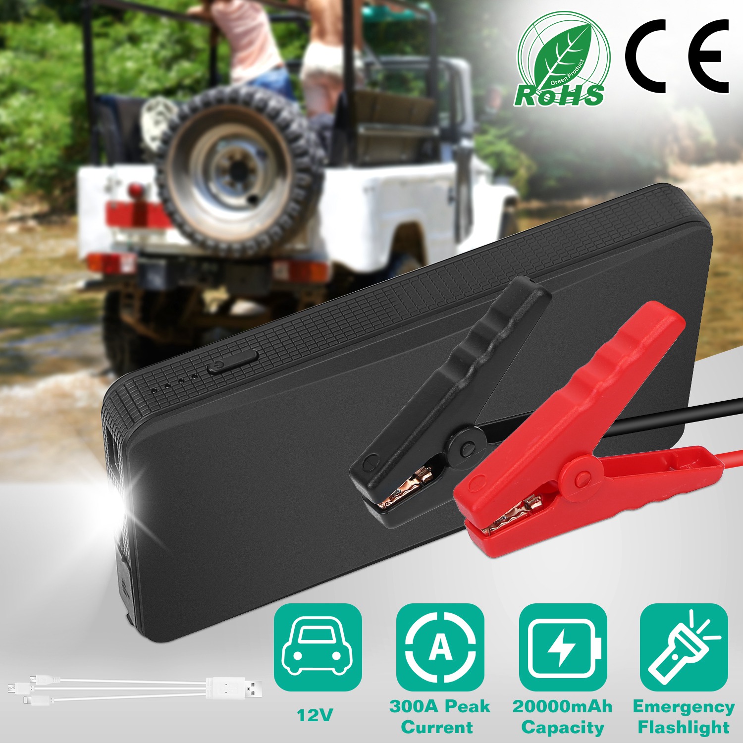 12V Car Jumper Starter 400A Peak 20000mAh Battery Charger Power Bank Portable Power Booster Battery With 3 Flashlight Modes