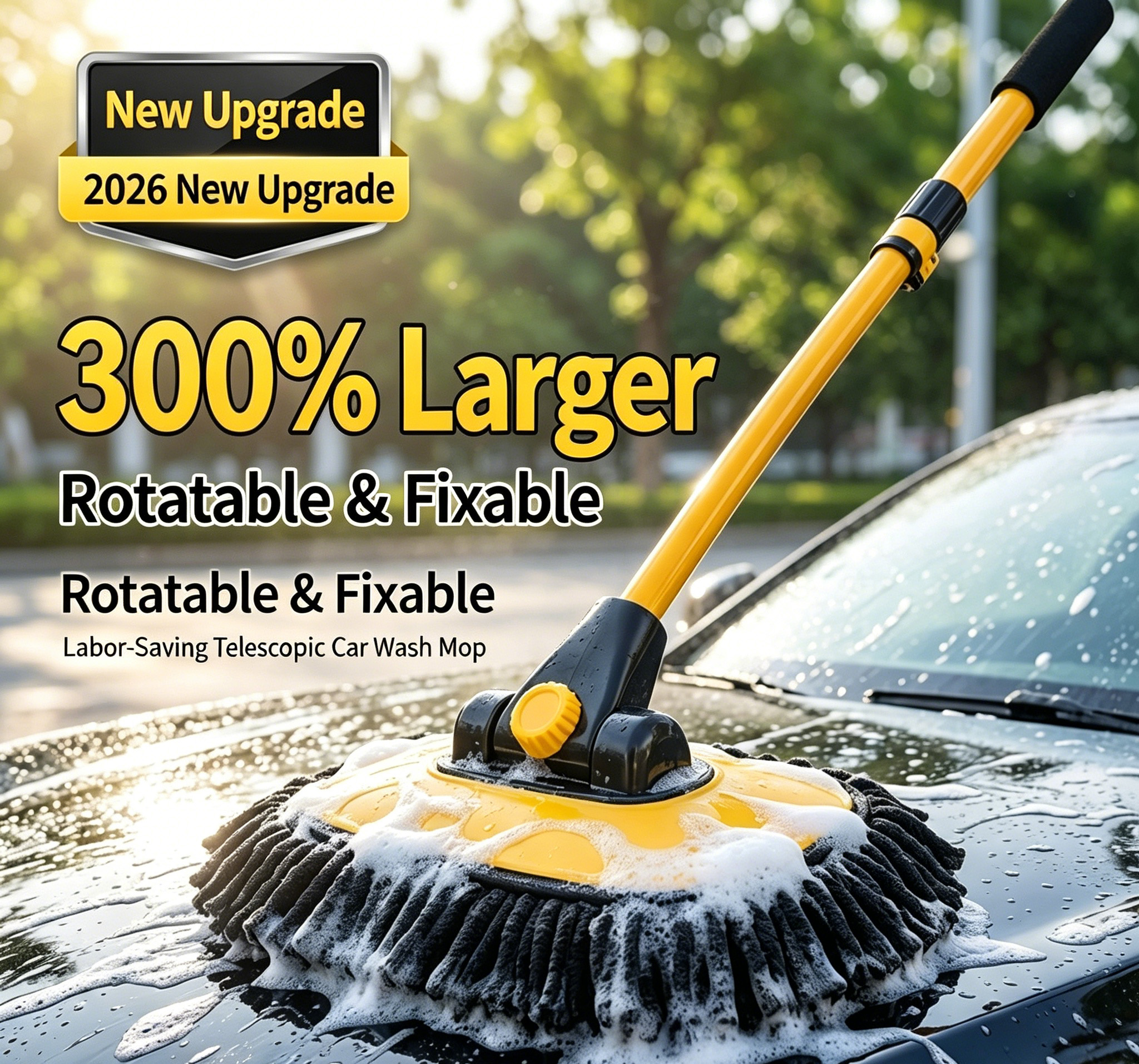 Telescopic Car Wash Mop, 3-Section Extendable Chenille Soft Bristle Cleaning Brush For Vehicle Washing