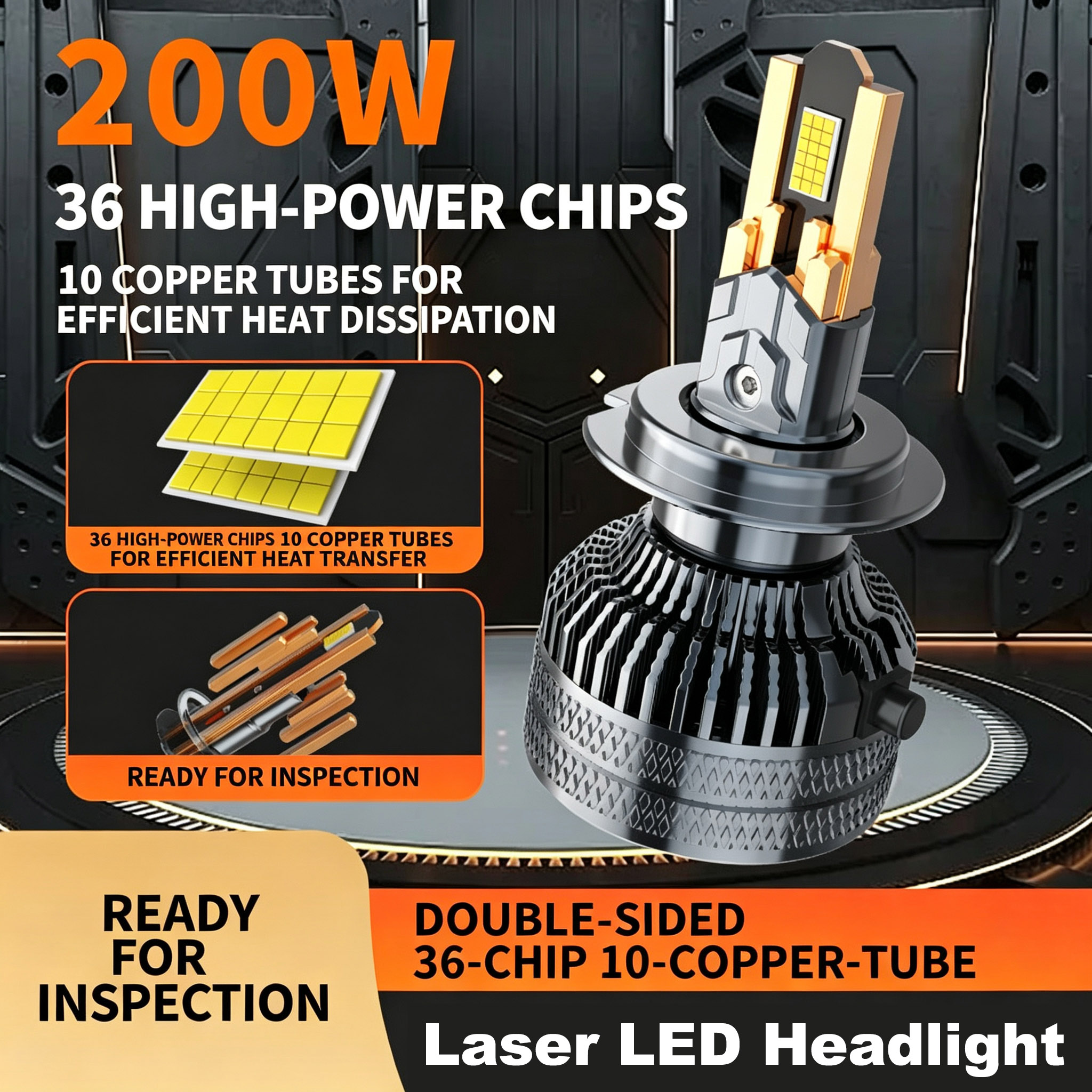 Main product image of LED Headlight Bulb, 200W, H4 H7, 10 Copper Tubes, 36 Chip, Plug And Play