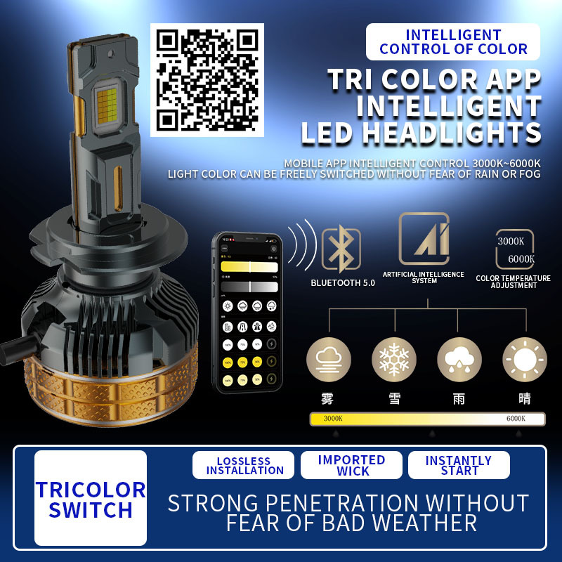 Main product image of 200W Three-Color Car LED Headlight, APP Controlled, 3000K/4300K/6000K