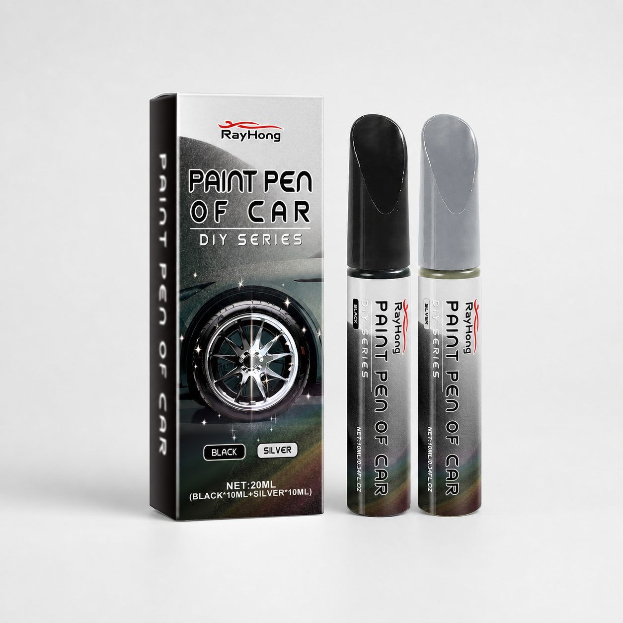 Main product image of RAYHONG Black and Silver Wheel Touch-Up Paint Pen Set, 2 x 10 ml