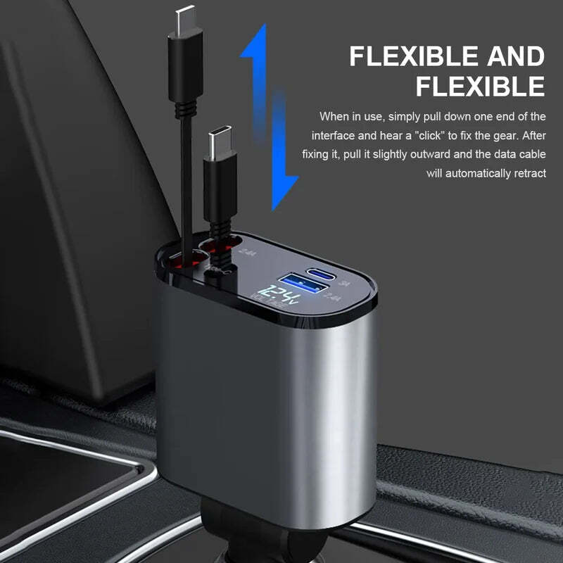 Main product image of 4-in-1 Retractable Car Charger Cable, Dual USB-C PD Ports