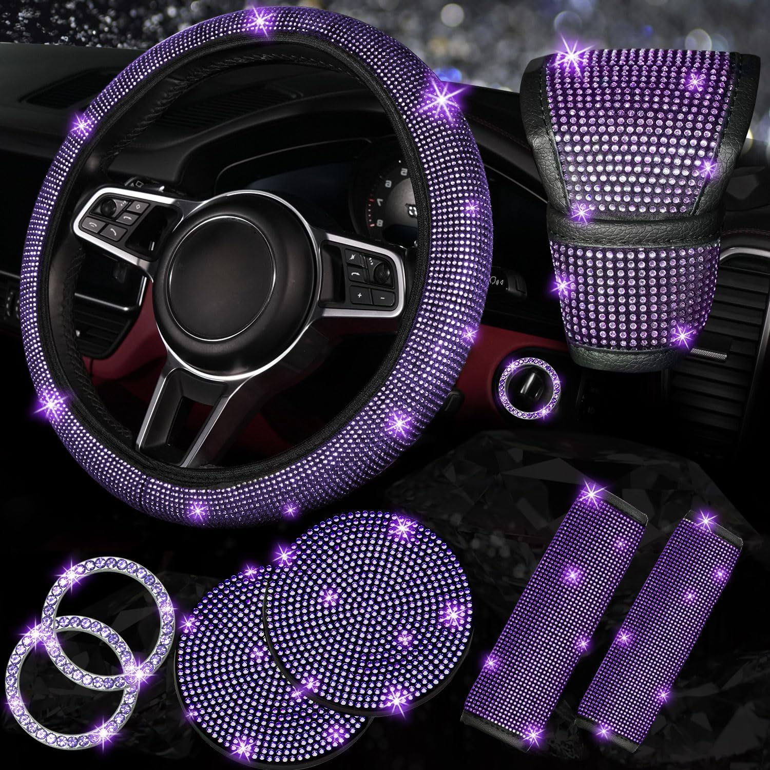 Main product image of Bling Car Accessories Set 8 Units, Sparkly Steering Wheel, Seat Belt And Gear Shift Covers For Most Cars, Purple Violet