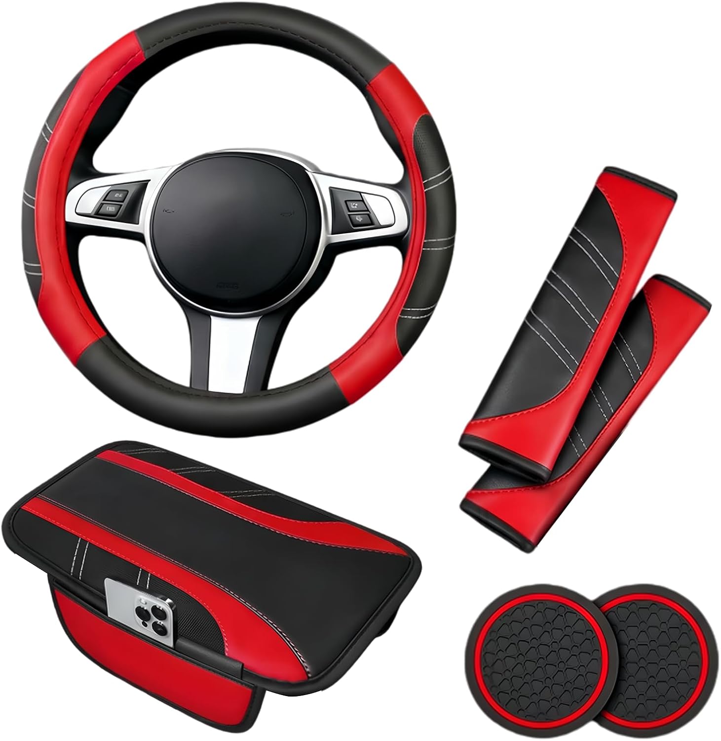 Main product image of Car Accessories Set 6 Units, 14.5-15 Inch Leather Steering Wheel Cover, Console Cover, Seat Belt Cushion And Coasters, Black Red