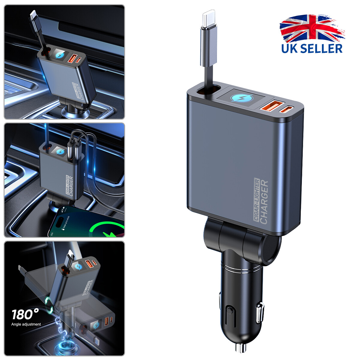 Main product image of 120W 3IN1 Retractable Car Charger Dual Port USB Type C Cable Fast Charge Adapter