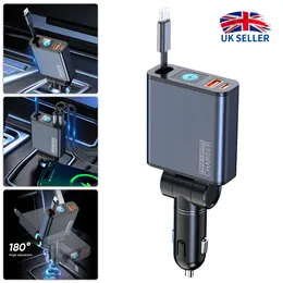 Product image of 120W 3IN1 Retractable Car Charger Dual Port USB Type C Cable Fast Charge Adapter