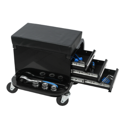 Rolling Creeper Garage Shop Seat With Three Built-in Drawers, Rolling Tool Chest Black