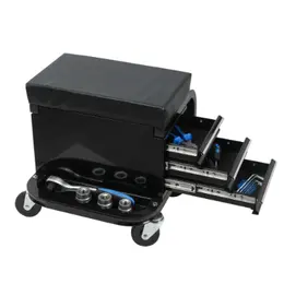 Rolling Creeper Garage Shop Seat With Three Built-in Drawers, Rolling Tool Chest Black