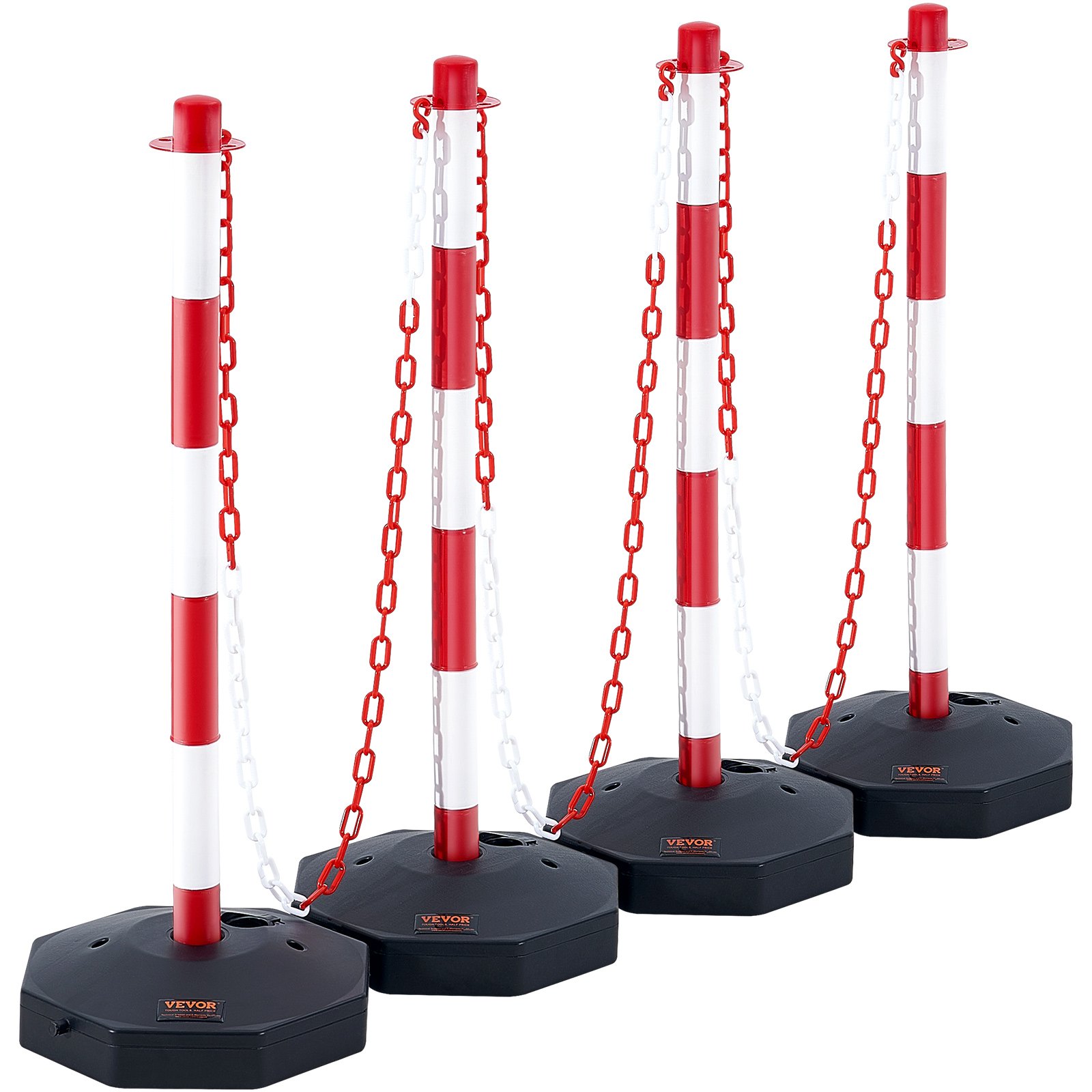 Main product image of VEVOR Adjustable Traffic Delineator Posts, 4 Pack, Fillable Base, 8FT Chain, Red/White