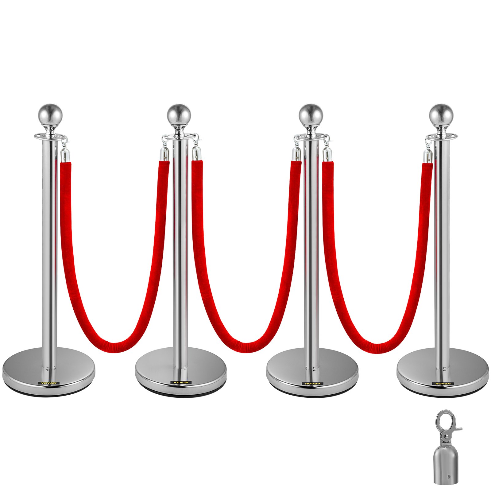 4 Pack Retractable Silver Round Top Stanchion Post Queue Crowd Control Barrier Posts Line Pole With 1.5M Red 2 Velvet Rope