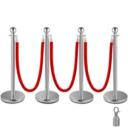 4 Pack Retractable Silver Round Top Stanchion Post Queue Crowd Control Barrier Posts Line Pole With 1.5M Red 2 Velvet Rope