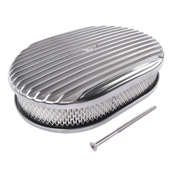 Main product image of 12-inch Oval Aluminum Finned Air Cleaner, Polished Paper Element, SB/BB Chevy, Ford, Mopar