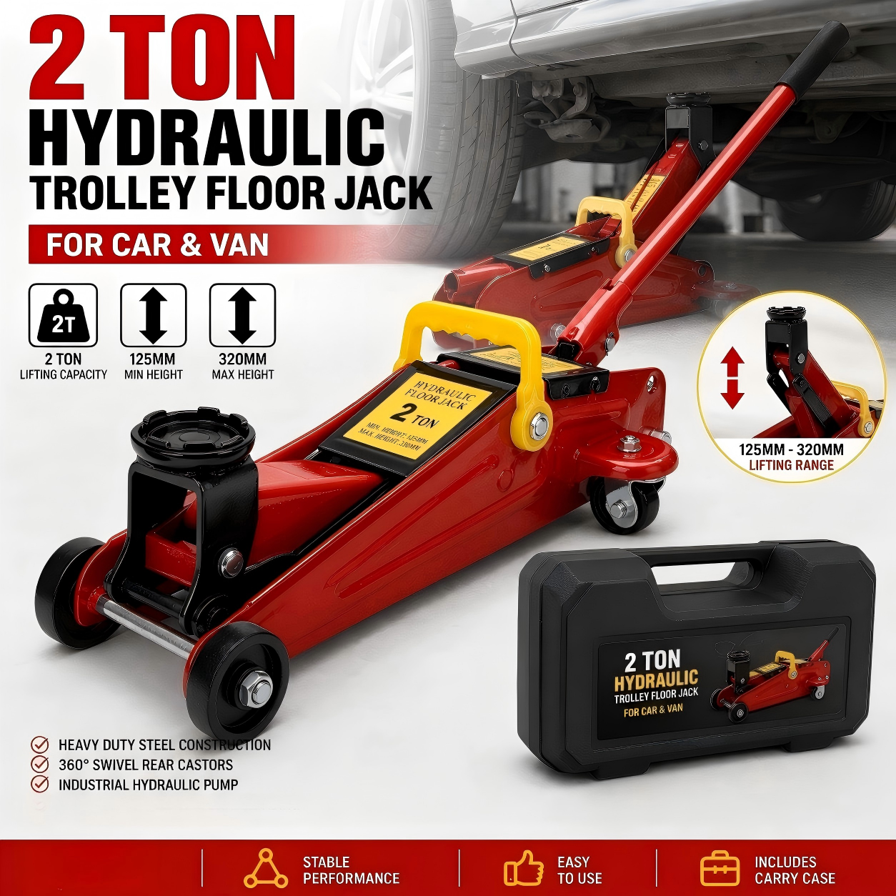 2 Ton Tonne Hydraulic Trolley Floor Jack With Plastic Storage Carry Case Car Van