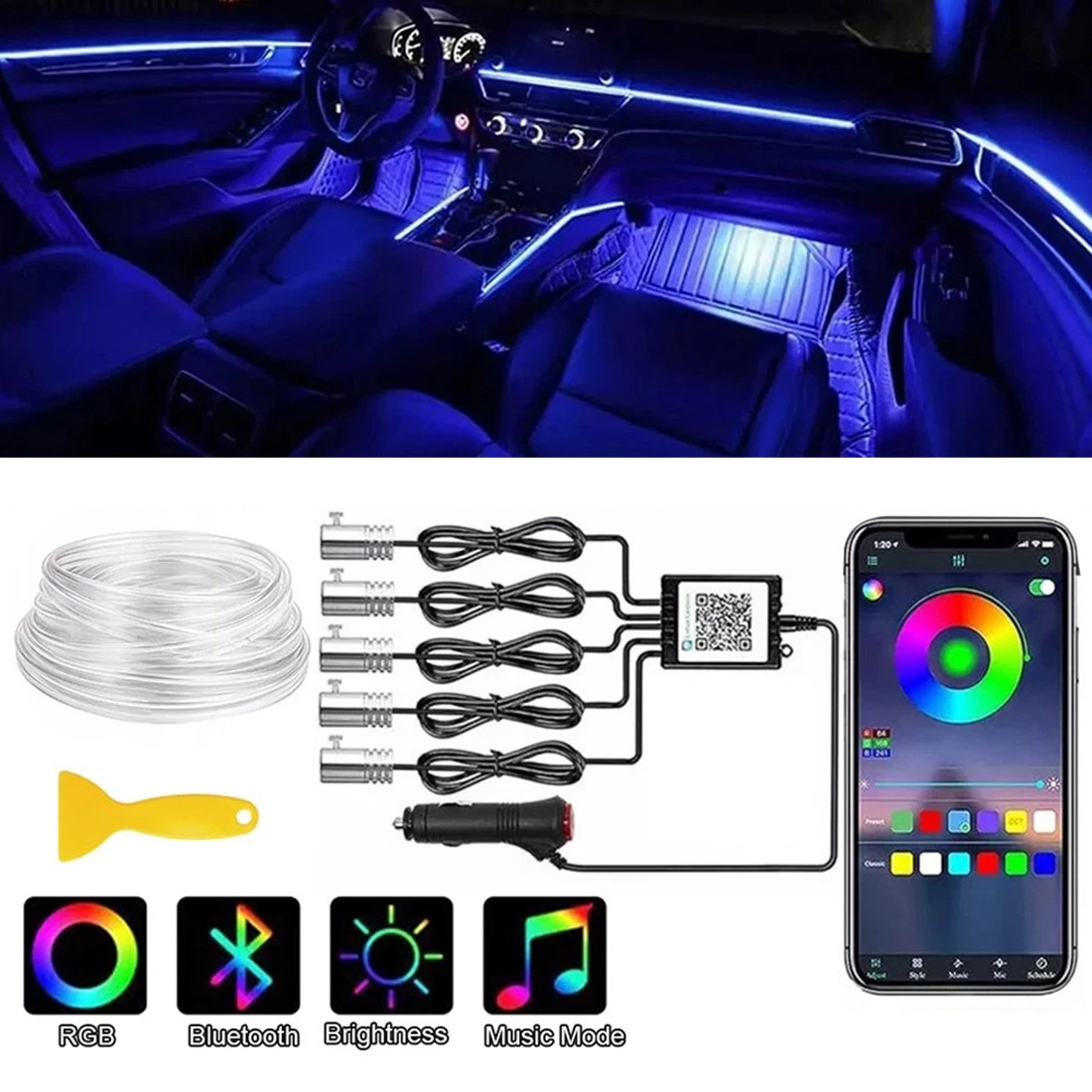 Main product image of 5-In-1 RGB LED Car Interior Strip Light, App Controlled