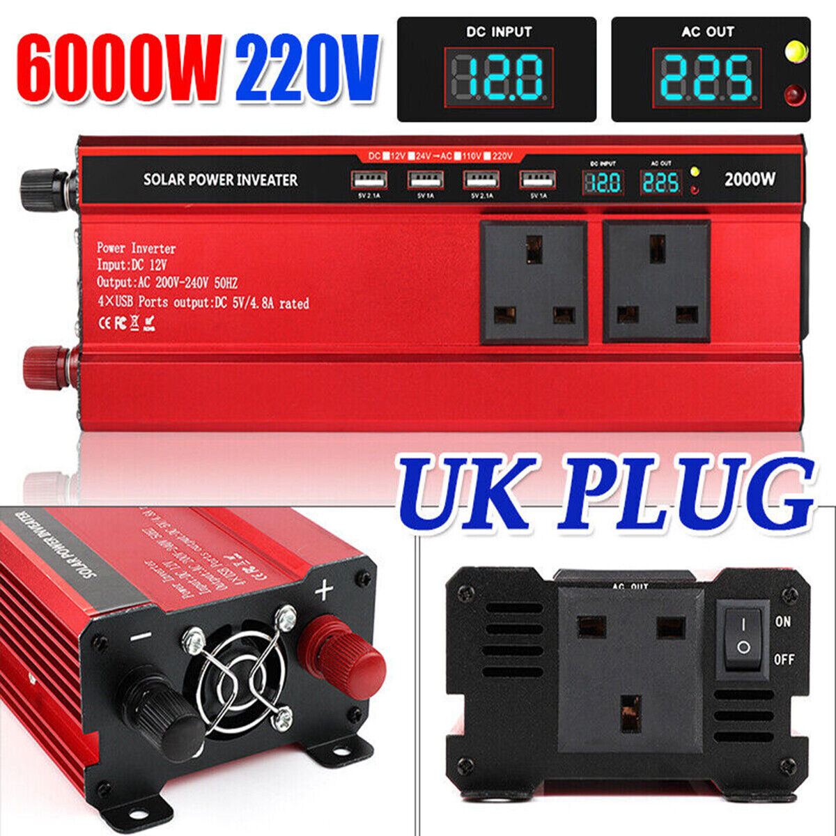 Main product image of 6000W Power Inverter, DC 12V to AC 240V, 4 USB, 2 UK Socket, Sine Wave