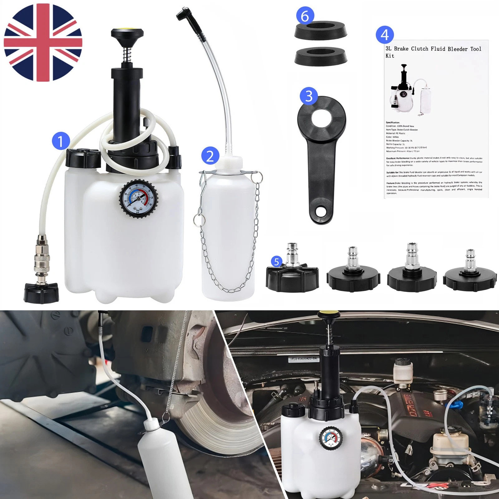 Main product image of 3L Pressure Brake and Clutch Fluid Bleeder Kit with 4 Master Cylinder Adapters