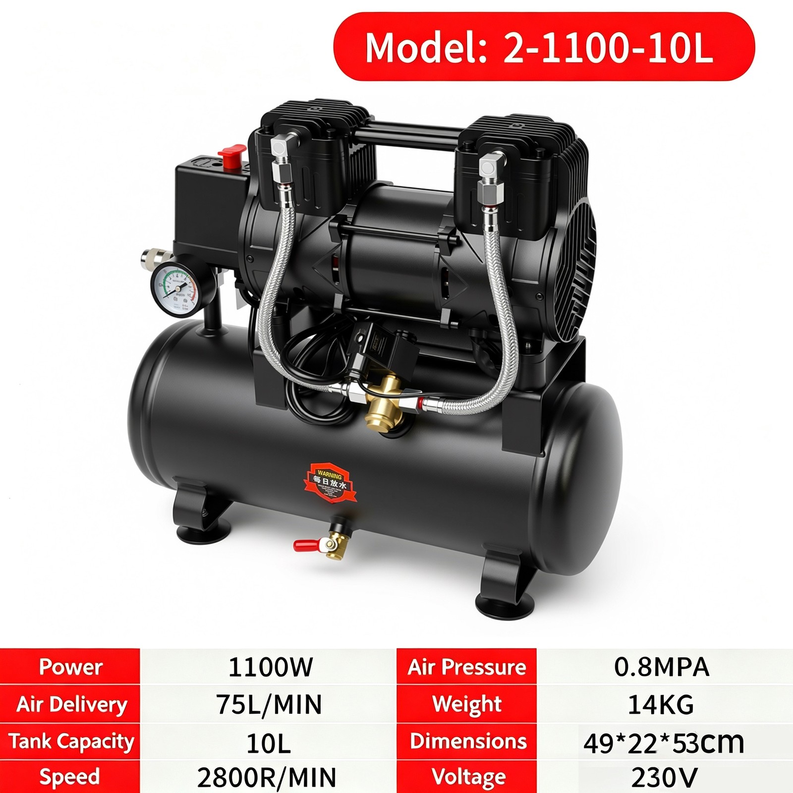Main product image of 10L Electric Air Compressor, 1100W, 1.5HP, Silent, Oil-Free, 8bar
