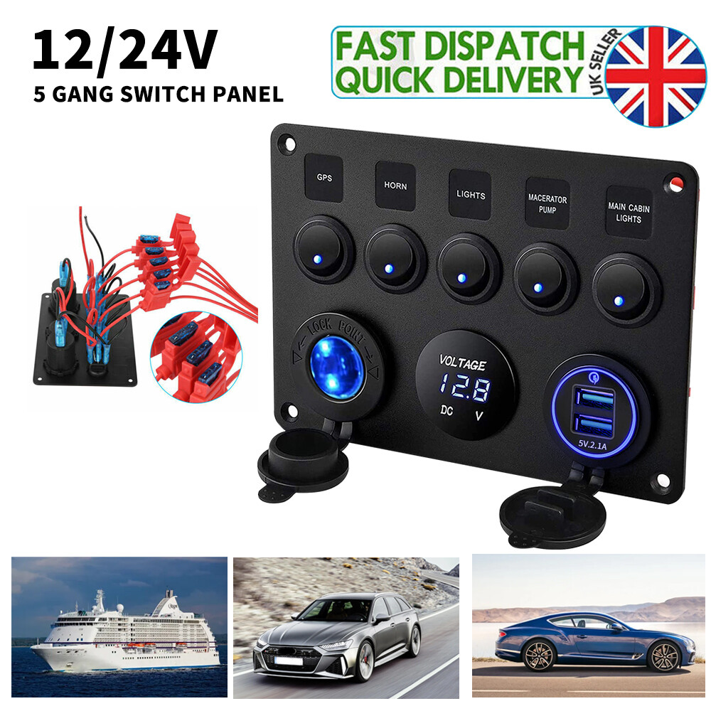 Main product image of 5 Gang 12V RV Control Panel with LED Light Switches, Voltmeter, USB Charger