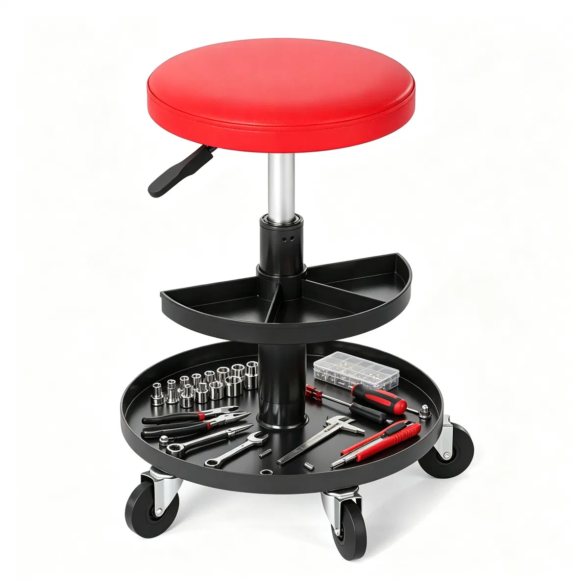 Main product image of Rolling Mechanic Stool, Red, Pneumatic Height Adj., 2-Tier Tool Trays, 265lb