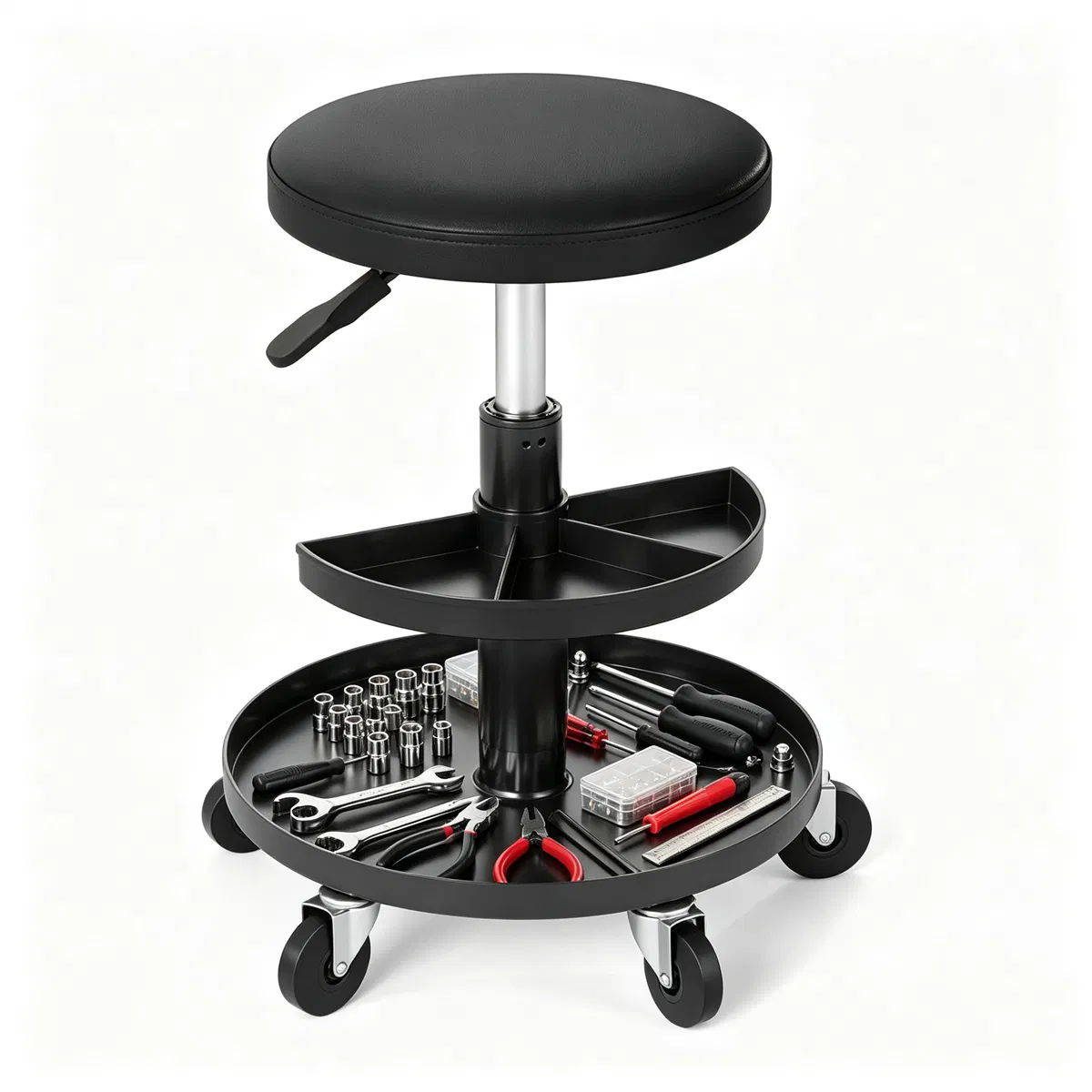 Main product image of Black Rolling Mechanic Stool, 2-Tier Tool Trays, Pneumatic Height, 5 Casters, 265lb