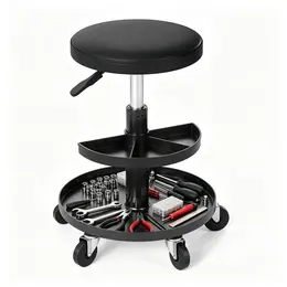 Product image of Black Rolling Mechanic Stool, 2-Tier Tool Trays, Pneumatic Height, 5 Casters, 265lb