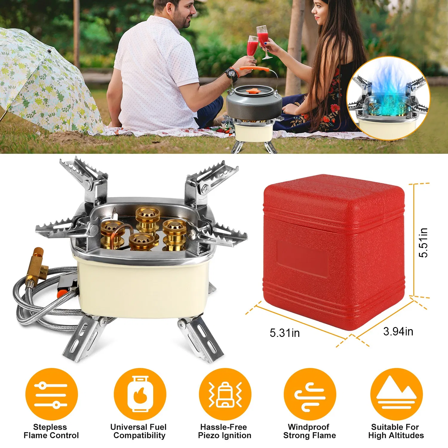 Main product image of 13KW Portable Gas Stove, 5 Burner, Piezo Ignition, 33.5in Hose