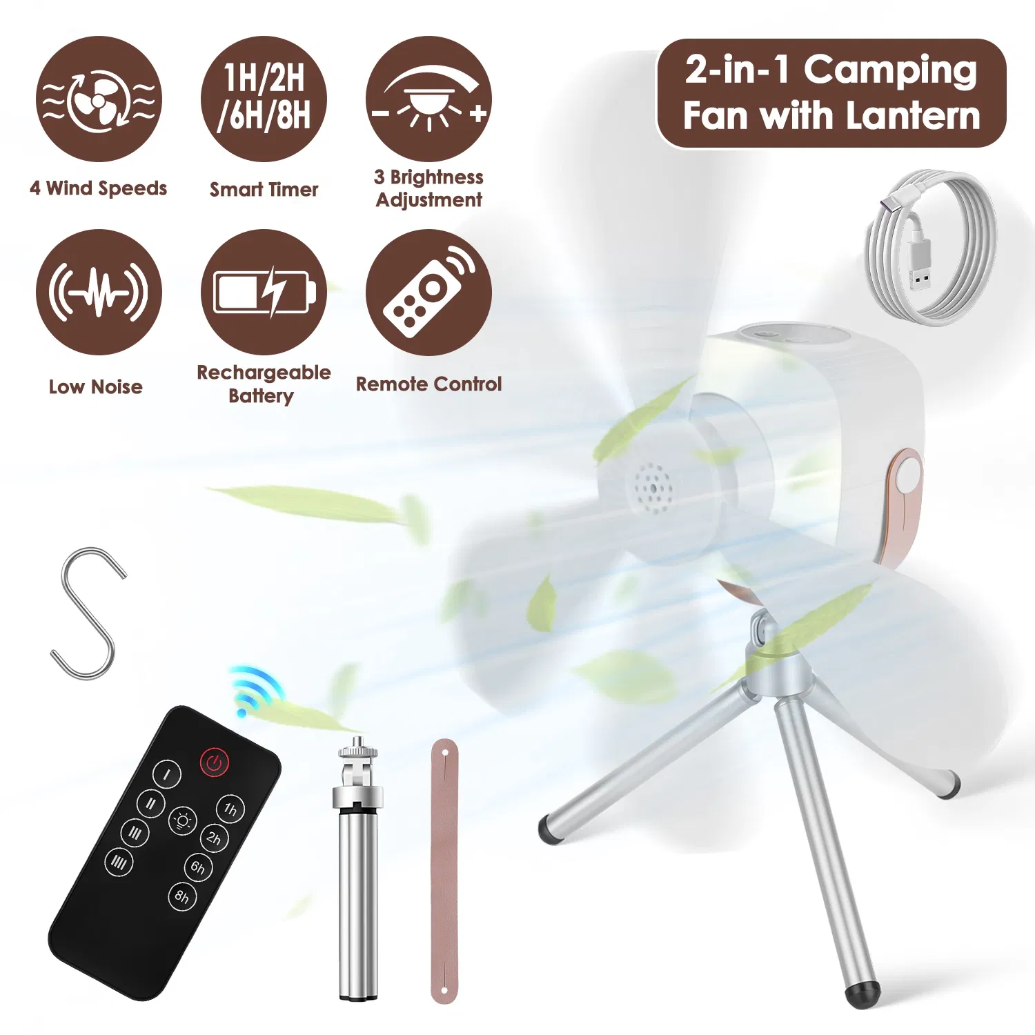 Main product image of 2 in 1 Rechargeable Camping Fan with Built-In LED Lantern Remote Control, 4 Wind Speeds 3 Light Brightness 1/2/6/8H Timer 7200mAh Battery Tripod Stand Hanging Hook Detachable Blades