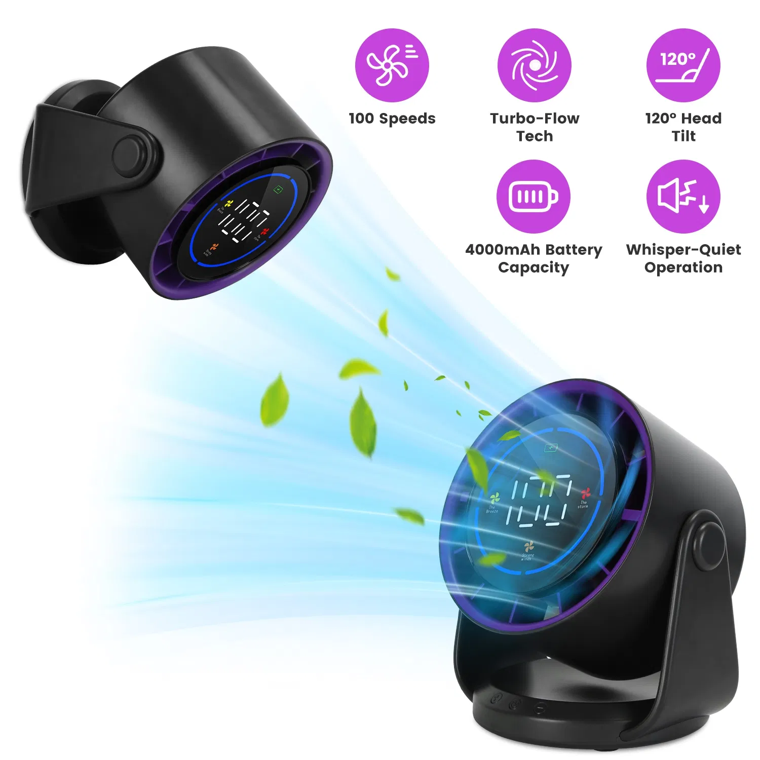 Main product image of Multi-Speed Personal Desk Fan 100 Adjustable Airflow Levels LCD Control Panel, 120° Manual Tilt Stand & Wall Mount Support USB Rechargeable Portable Fan