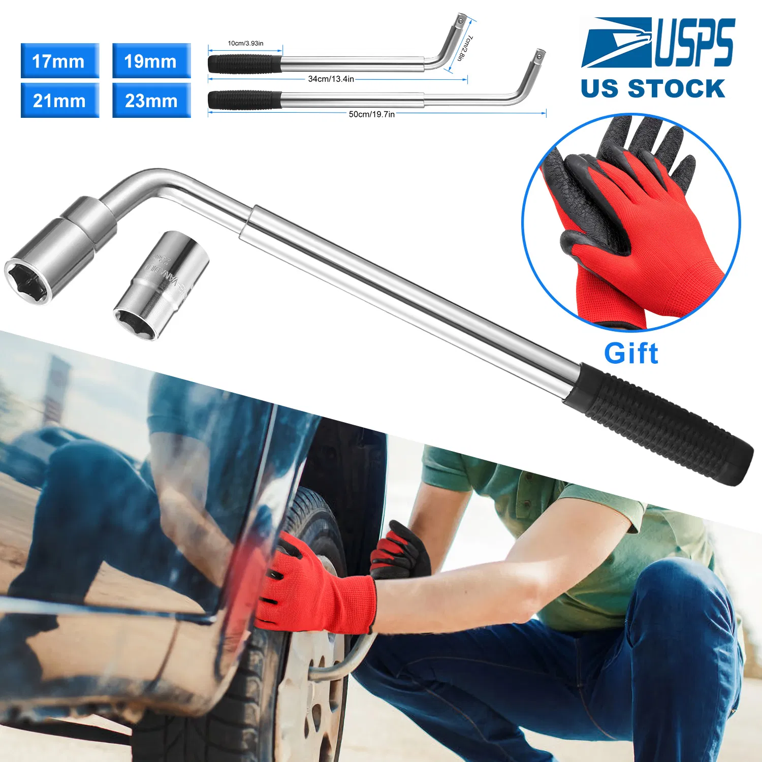 Main product image of Telescoping Lug Wrench Extendable Tire Wheel Nut Wrench with CR-V Sockets 17mm/19mm/21mm/23mm Free Work Gloves