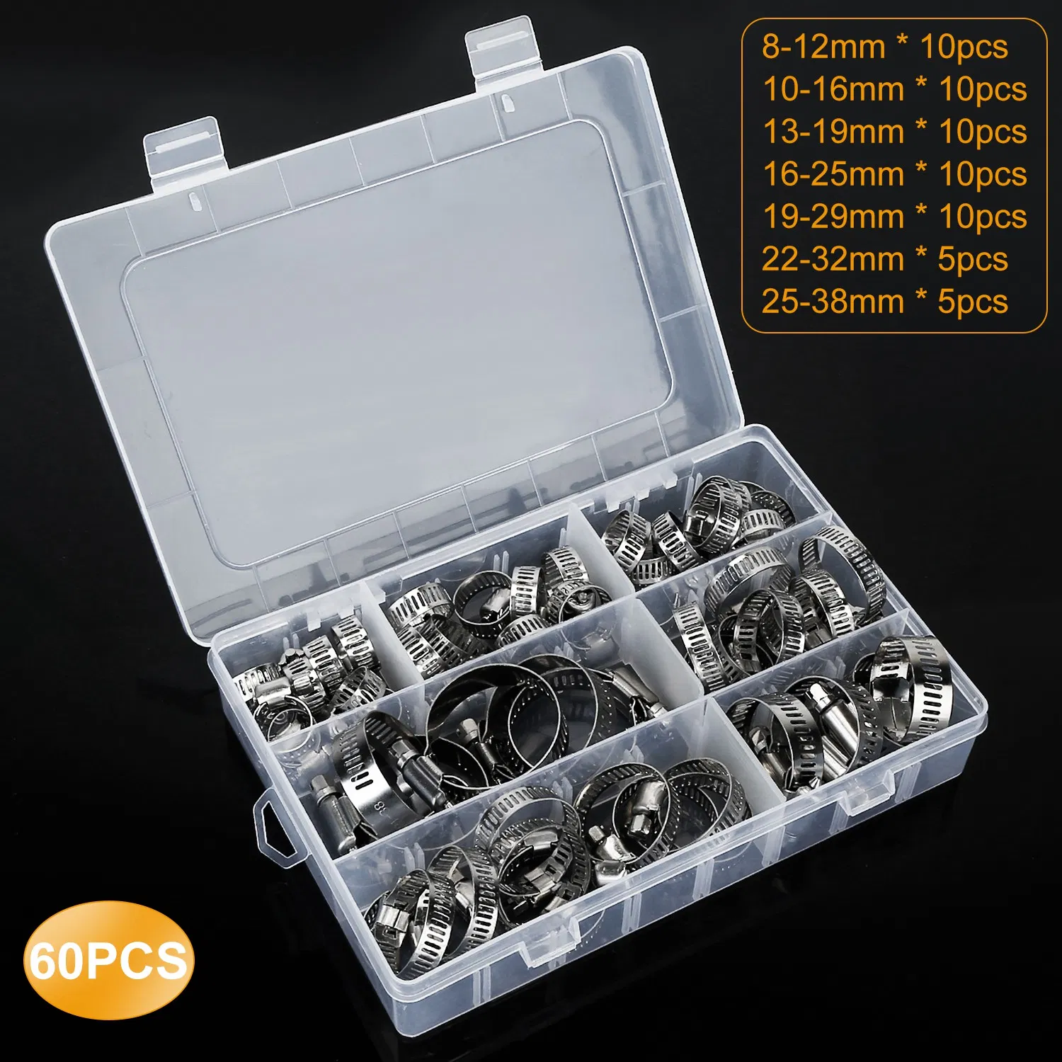 Main product image of 60Pcs Hose Clamp Set Stainless Steel Adjustable Worm Gear Assortment Pipe Tube Hose Clip Kit For Plumbing Automotive Mechanical