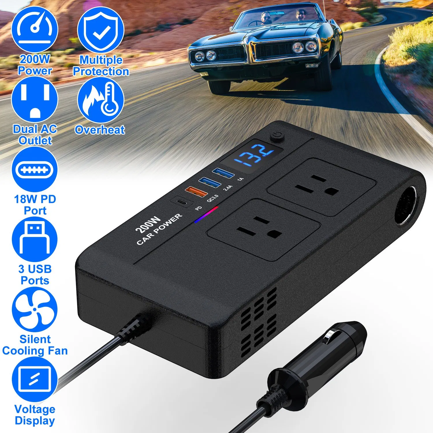 Main product image of 200W 12V Car Inverter DC12V to AC110V Vehicle Power Converter with 2 110V AC Outlets 1 Type-C 3 USB Ports Quick Charge Overheat Protection Voltage Display for Camping Road Trip