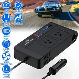 Product image of 200W 12V DC to 110V AC Vehicle Inverter, 2 AC, 1 Type-C, 3 USB Ports