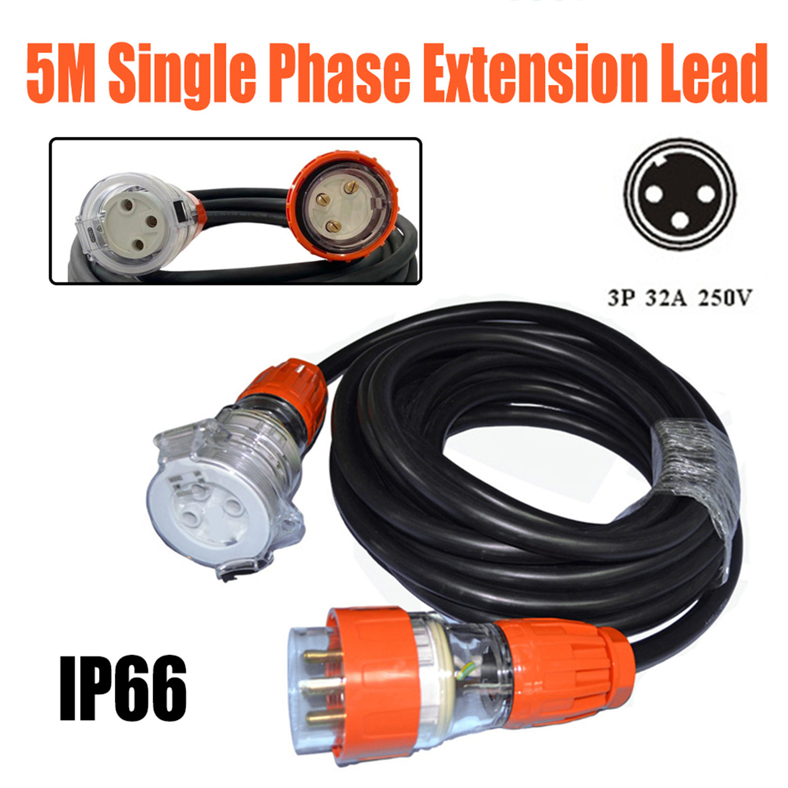 Main product image of 32 Amp 5m 3-Pin Single Phase 250V Heavy Duty Rubber Extension Cord
