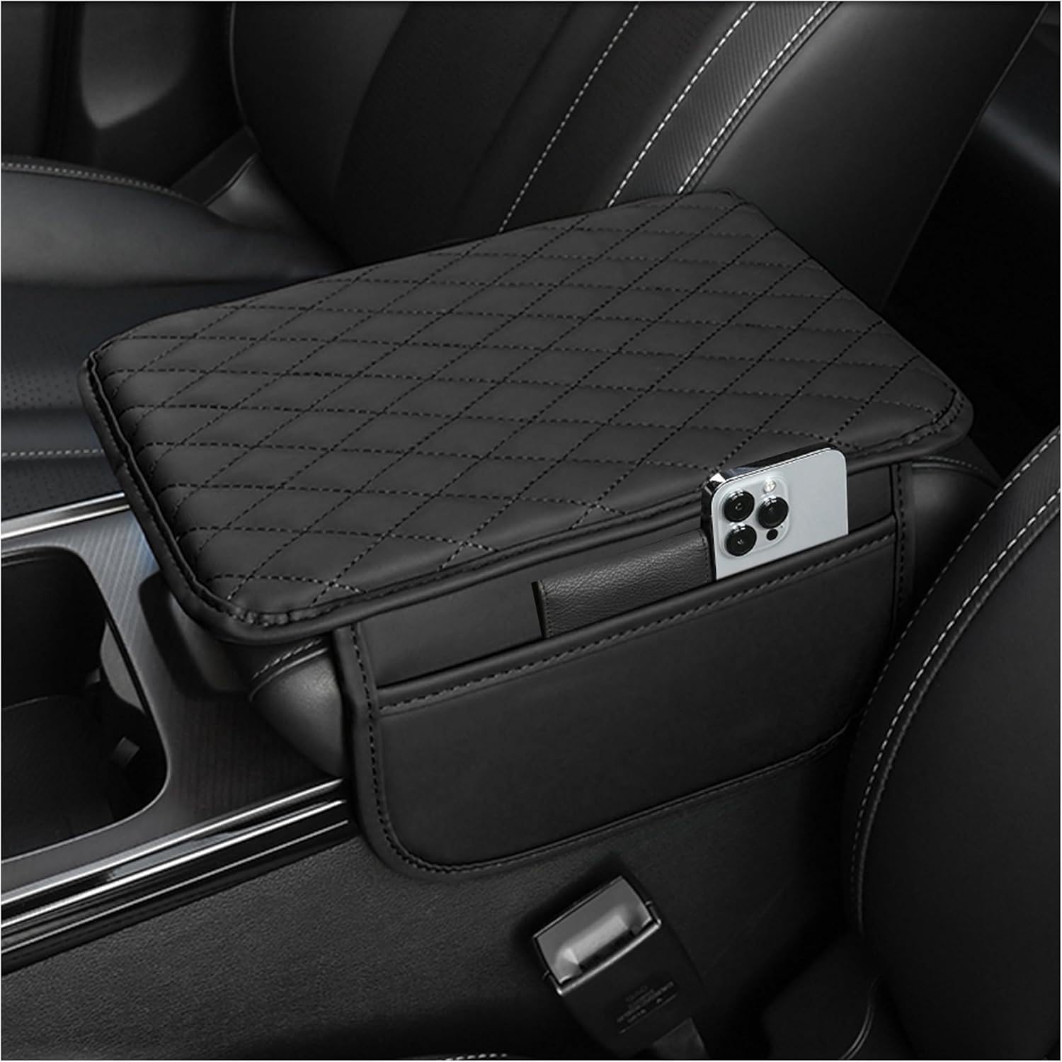 Main product image of Black Car Center Console Cover, Microfiber Leather Armrest Cushion With 2 Storage Bags, Universal Car Armrest Organizer