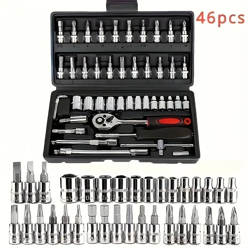 Main product image of 46Pcs Metric Socket   HSS Drive Ratchet Bit Set Wrench Torx Hex Tool Kit Case
