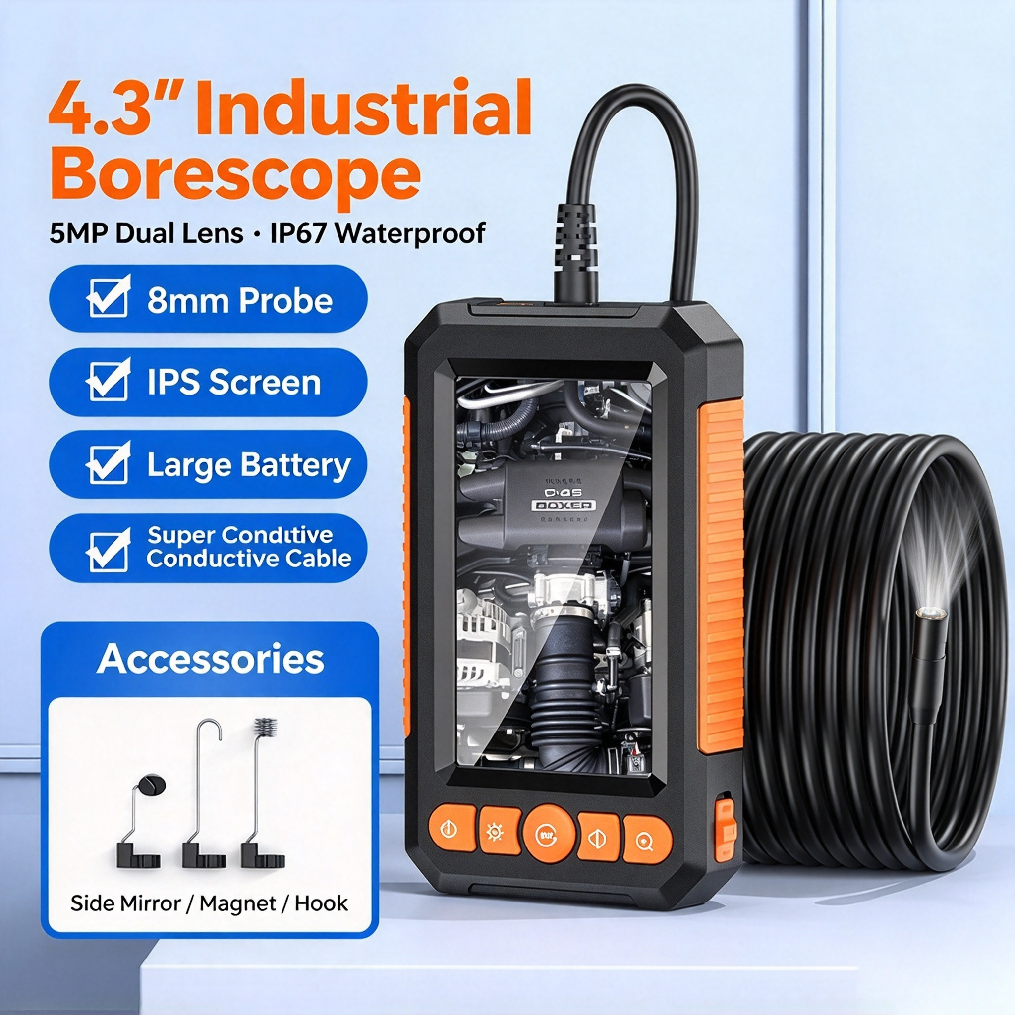 Main product image of 4.3 Inch IPS Industrial Borescope, 5MP Lens, IP67 Waterproof Inspection Camera