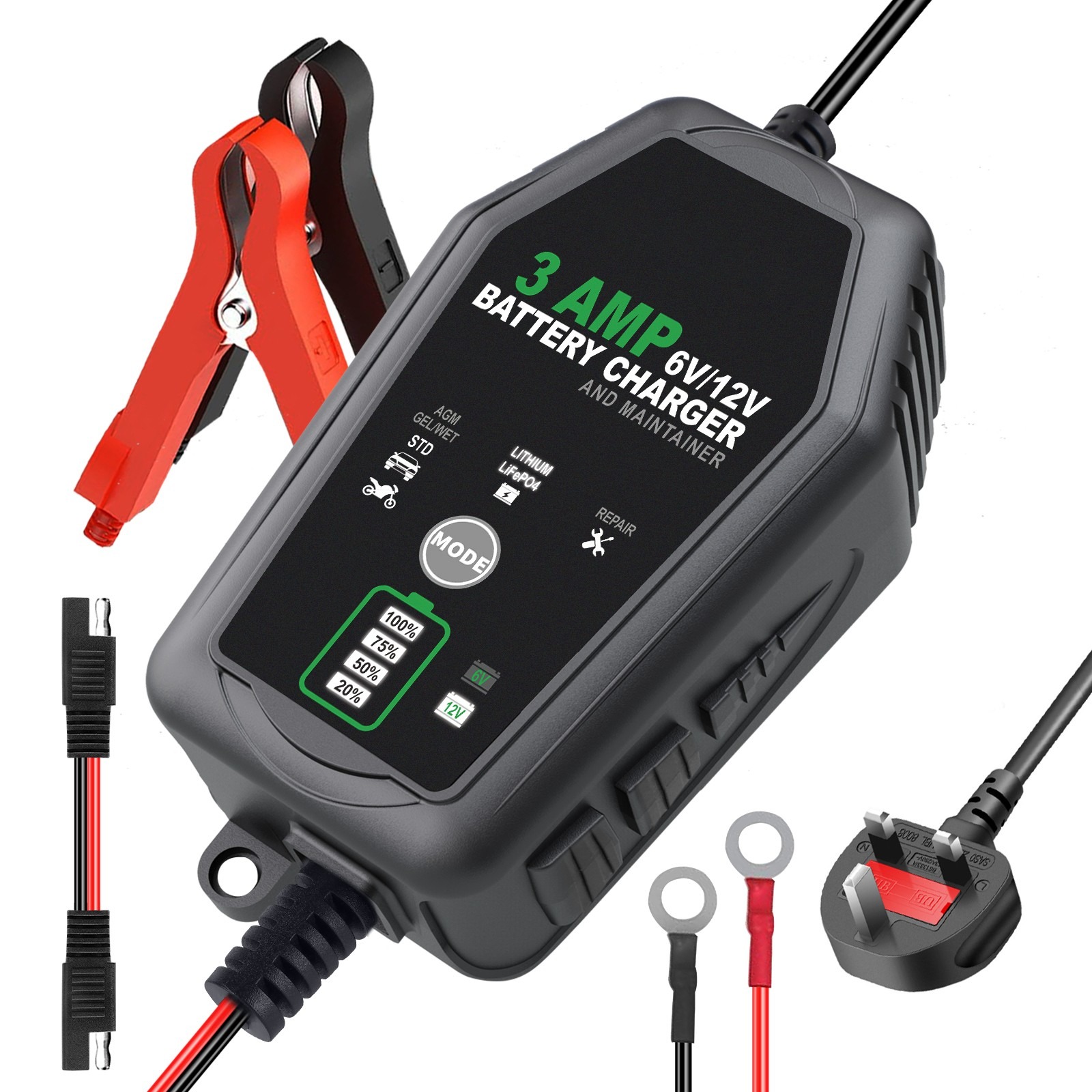 Main product image of 6V 12V 3A Battery Charger Maintainer, Pulse Repair, LiFePO4