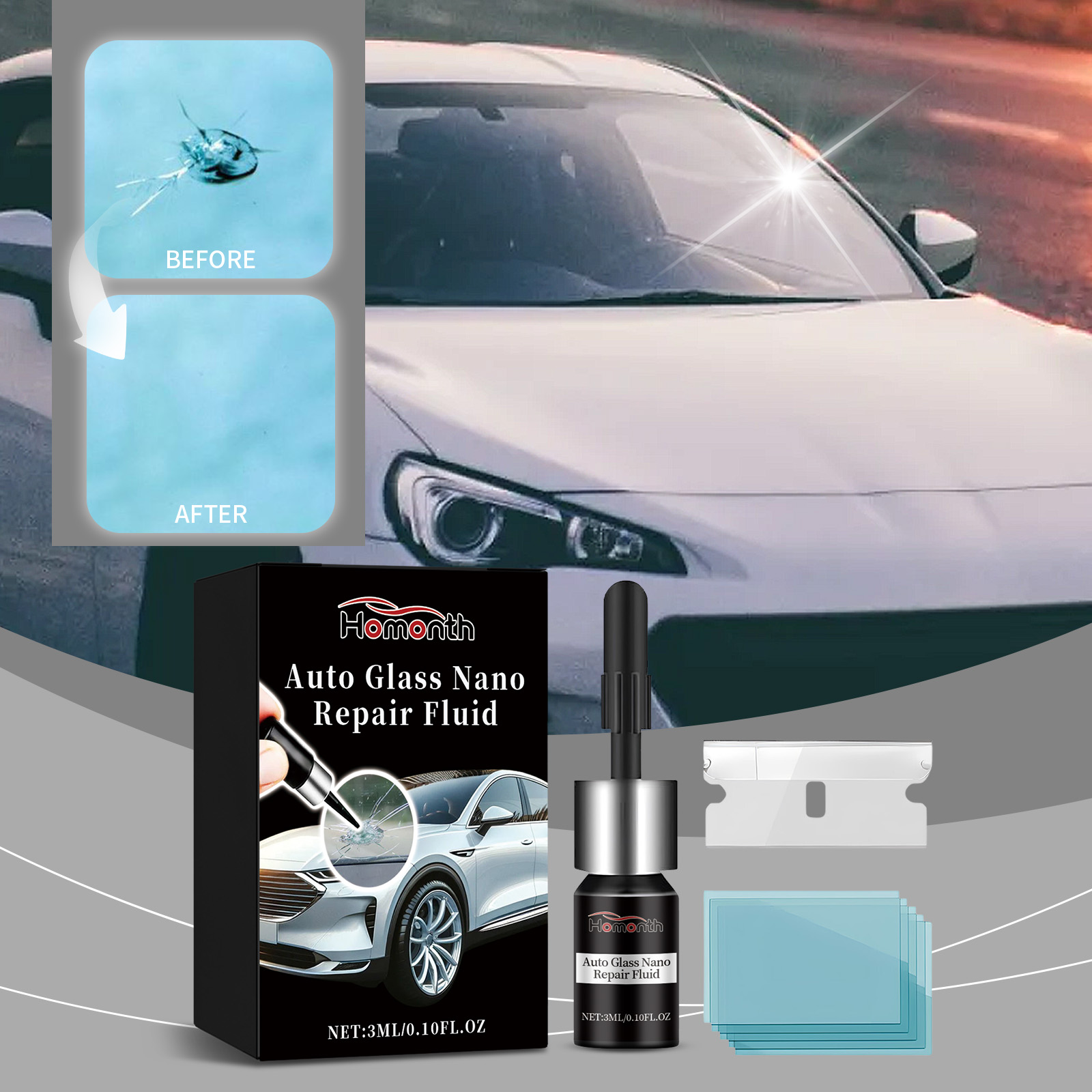 Main product image of Automotive Glass Repair Kit, 3ml Resin, Blade, 5 Curing Films