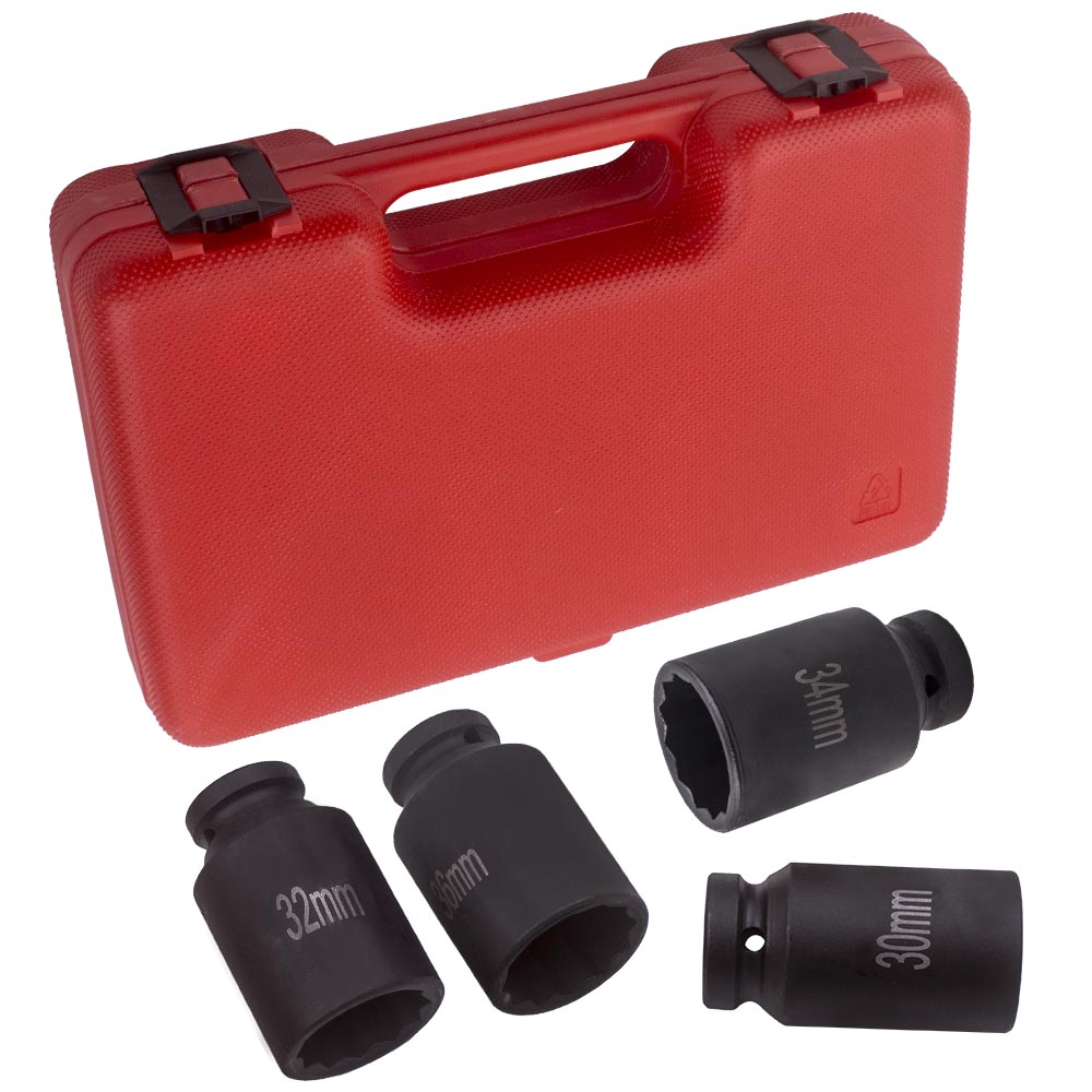 Main product image of 4-Piece 1/2" Drive 12-Point Spindle Axle Nut Socket Set, 30-36mm