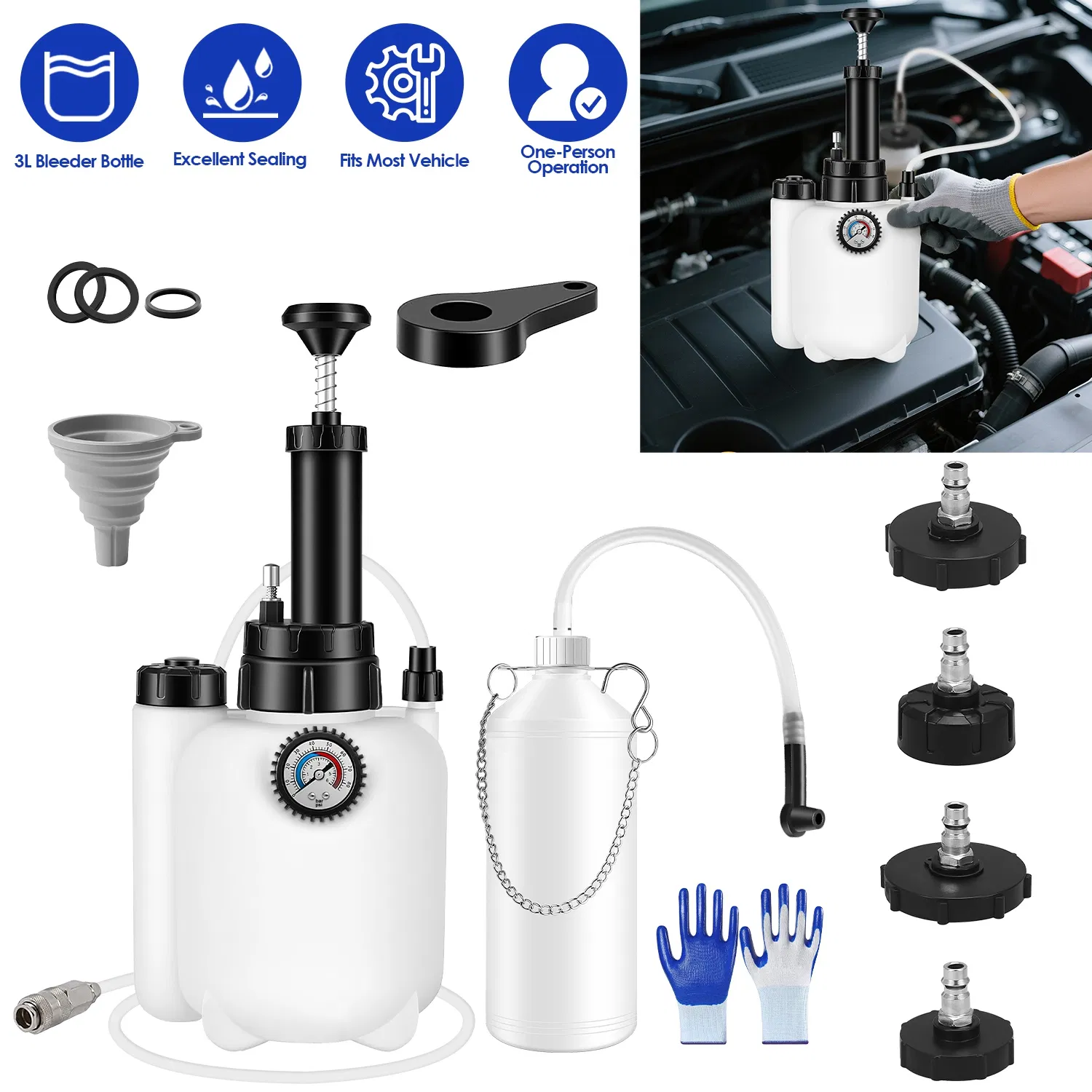 Main product image of Brake Bleeder Kit with 4 Size Universal Adapter Caps, 3L Fluid Bottle & 1L Waste Oil Container, Pressure Gauge Long Hose Hanging Chain PVC Construction with Funnel Gloves Wrench