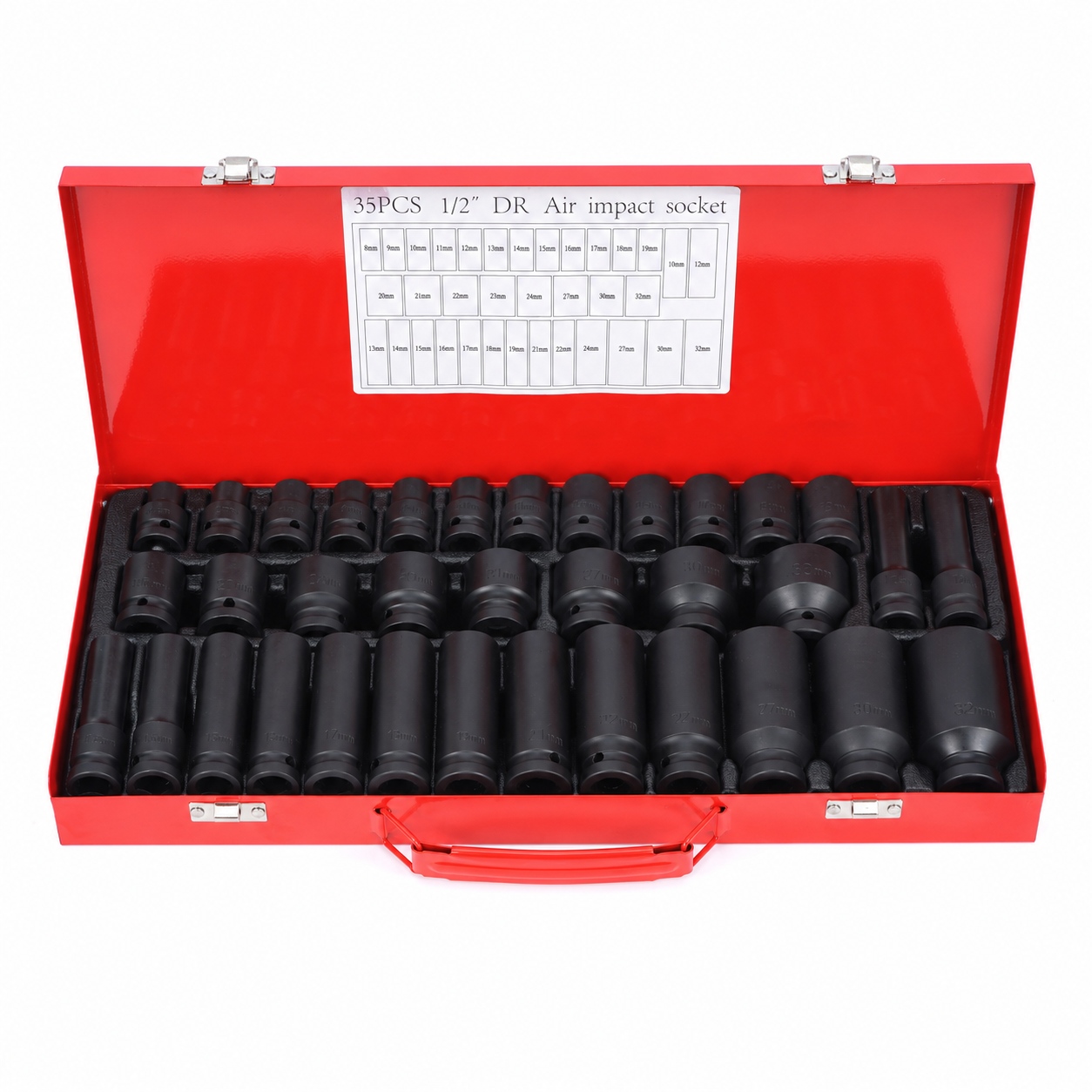 Main product image of 35-Piece Half Inch Drive Metric Impact Socket Set, 8-32 Mm Cr-Mo Steel, 38 Mm Shallow & 78 Mm Deep 6-Point Sockets, Black Phosphate Finish